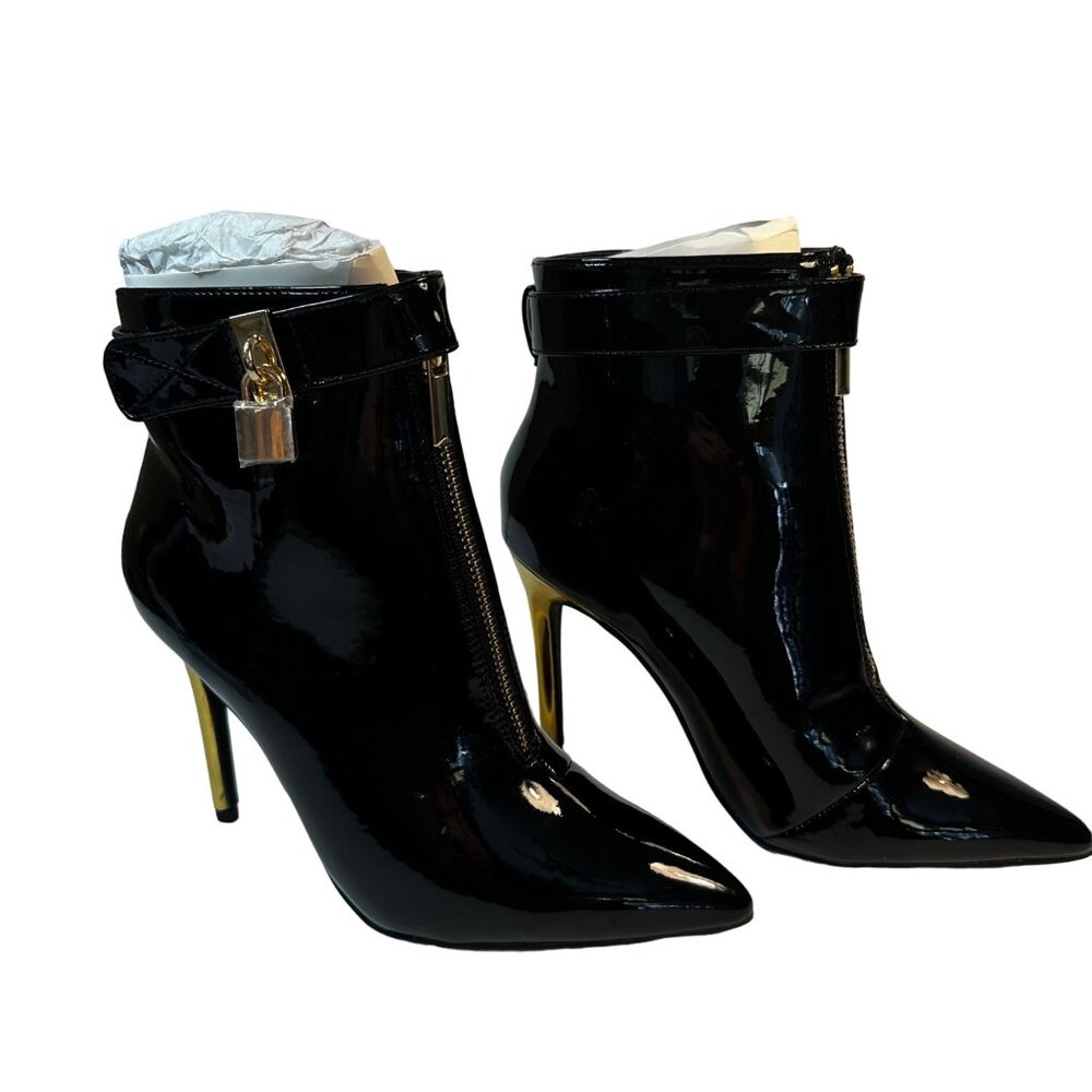 Shoe Dazzle Black Patent Leather Gold Heeled Ankle Boots Zipper Lock Detail 6.5 - Picture 4 of 8